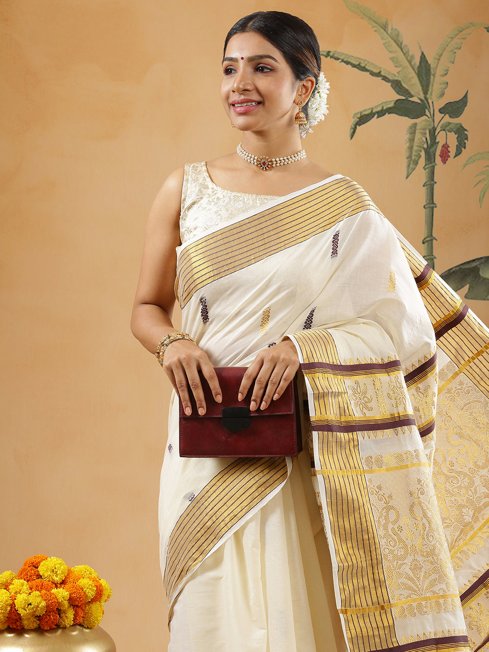 Off White Color Cotton Set Saree With Golden And Coffee Brown Thread Worked Buttas