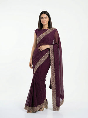 Vijithra Silk Wine Purple Zari Embroidered Designer Saree