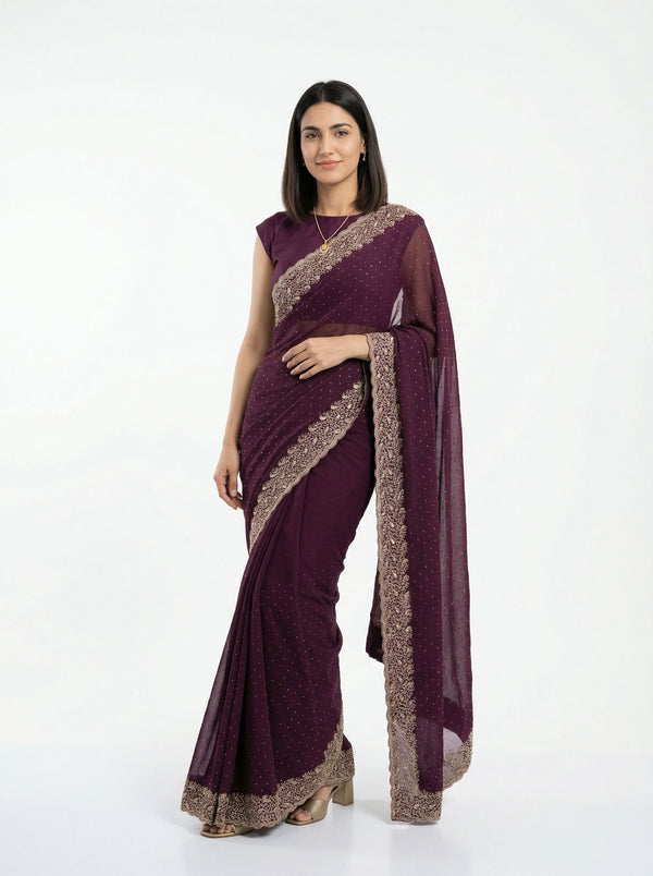 Vijithra Silk Wine Purple Zari Embroidered Designer Saree