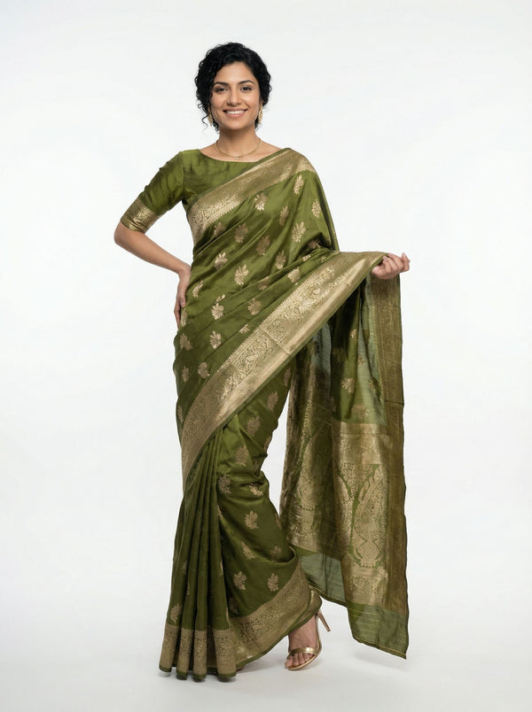 Art Silk Olive Green Zari Woven Saree with Floral Butta