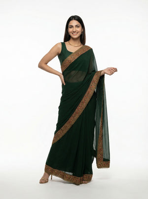 Georgette Bottle Green Embroidered Border Designer Saree