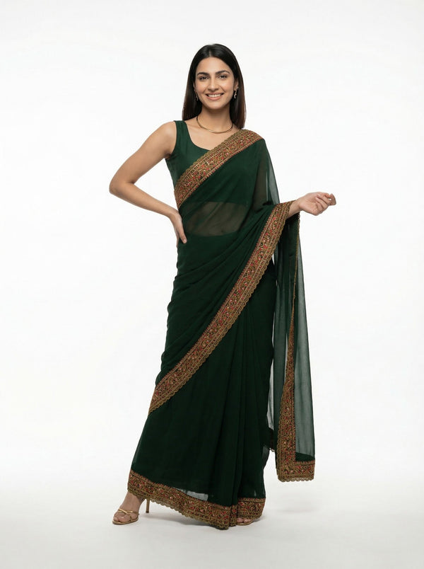 Georgette Bottle Green Embroidered Border Designer Saree