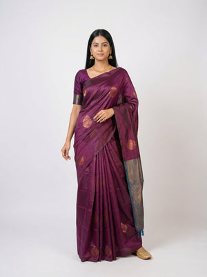 Semi Silk Wine  Saree with Copper Self Butta Motifs & Peacock Blue Blouse