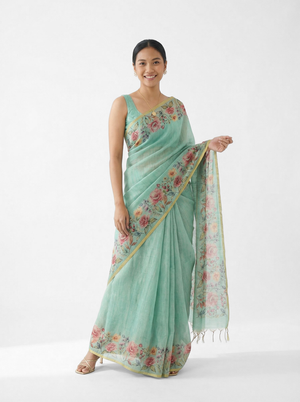 Linen Mint Green Floral Print Saree