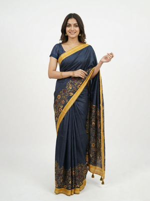 Chanderi Silk  Navy Blue Floral Border Saree