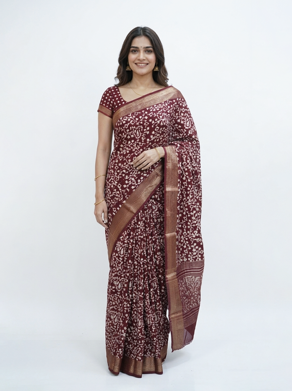 Chanderi Cotton Maroon Printed Saree with Zari Border