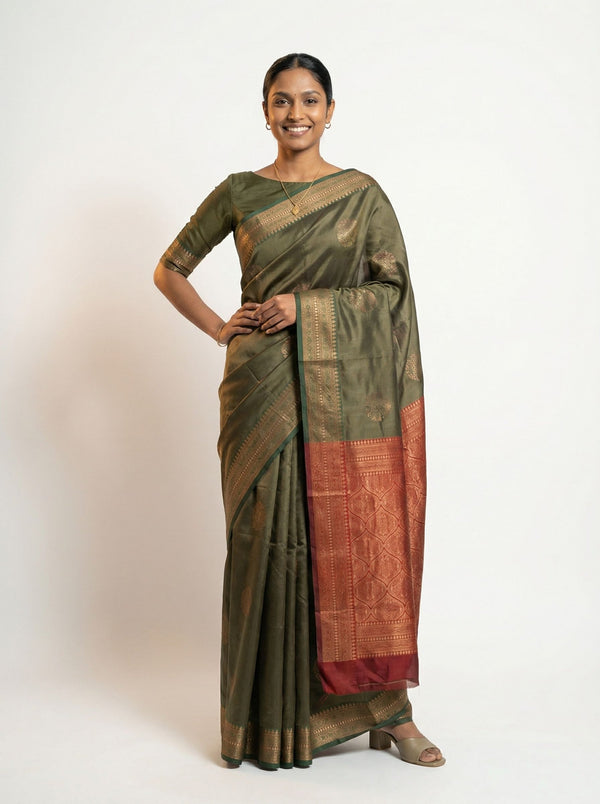 Art Silk Blend Olive Green Saree with Contrast Maroon Zari Woven Border and Pallu
