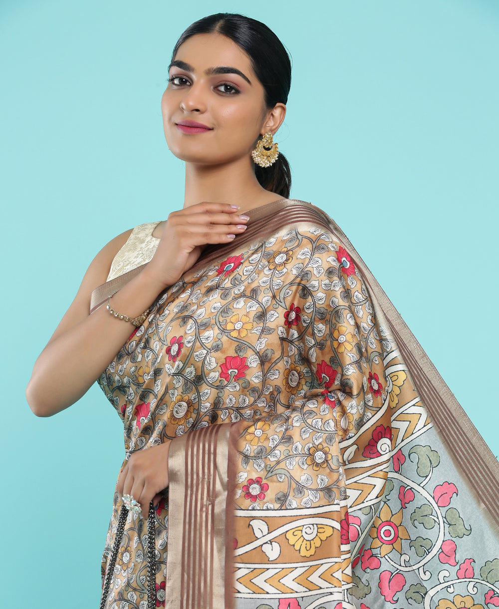 Jute Silk Casual Wear Camel Brown Color Kalamkari Printed Saree