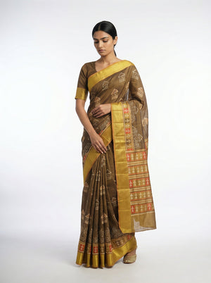 Chanderi Cotton Olive Brown Saree with Ethnic Printed Patterns for Festive Wear