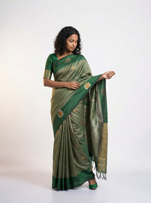 Art Silk Olive Green Floral Printed Saree with Contrast Border