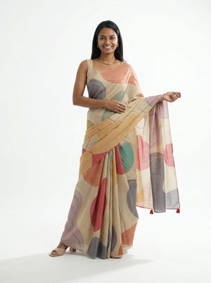 Chanderi Cotton Beige Geometric Print Saree