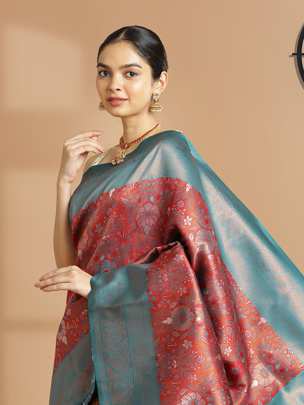 Maroon With Copper Tissue Saree With Floral Design And Peacock Green Border