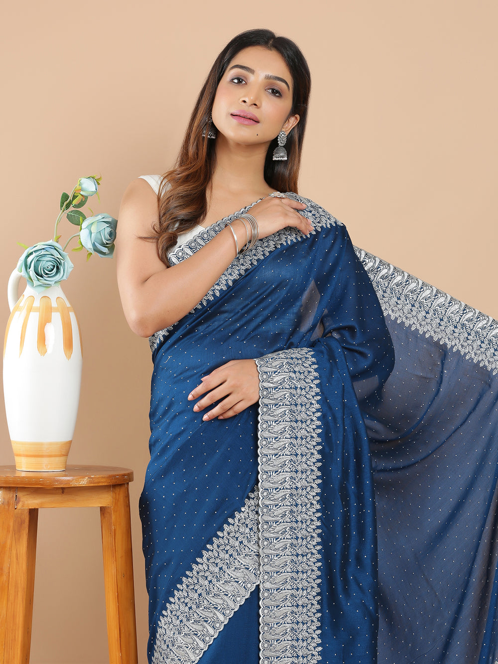 Teal Blue Color Vijithra Silk Saree With White Stone Work