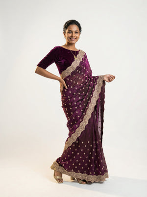 Shimmer Organza Wine Butta Designer Saree with Heavy Embroidered Border