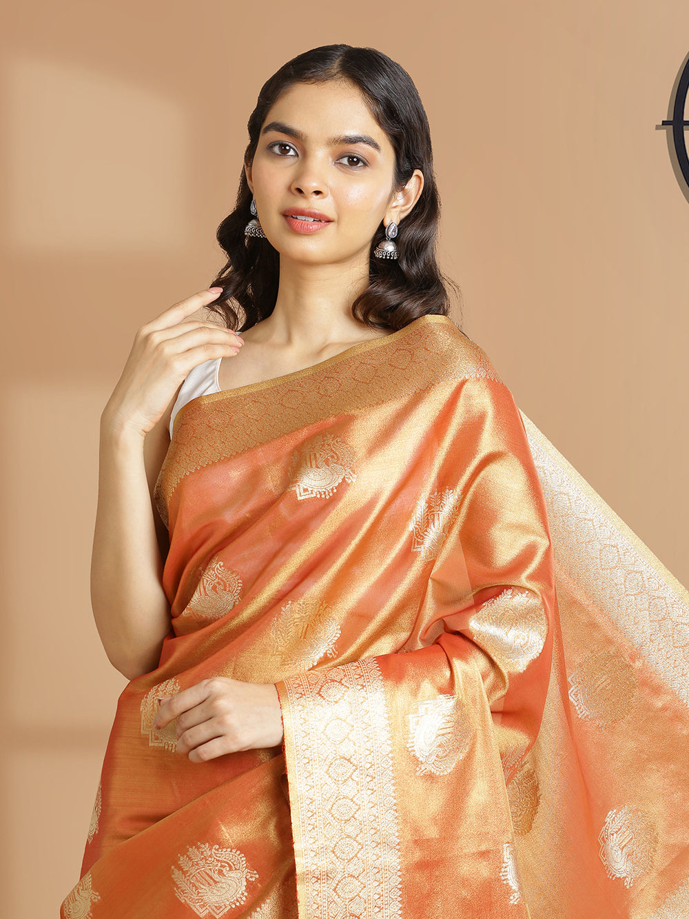 Metalic Rust Color With Golden Tissue Saree With Golden Buttas Over Body Same Border