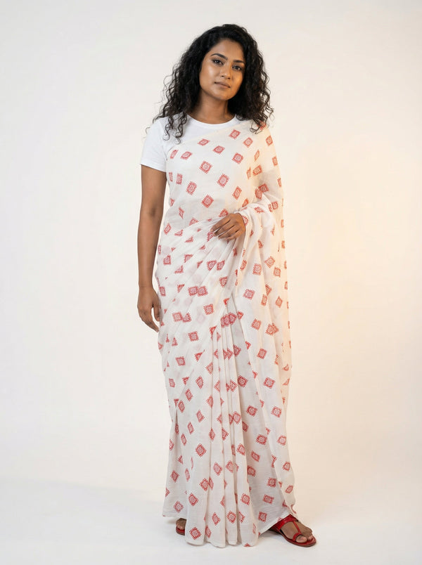 Chiffon White Saree for Women with Red Diamond Block Print