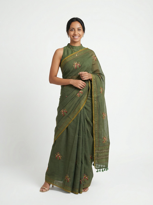 Chanderi Cotton Olive Green Floral Embroidered Pattern Saree