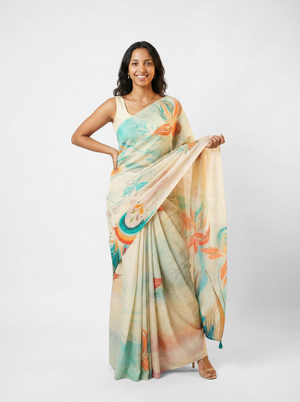 Organza Cream Floral Digital Print Saree