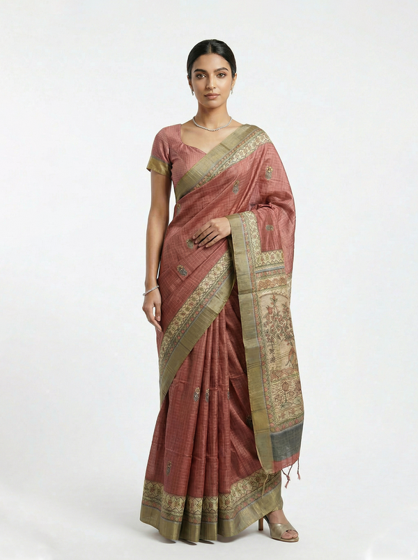 Semi Jute Dusty Rose Checked Printed Saree