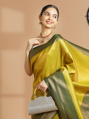 Yellow Green Color Golden Woven Designed Kubera Silk Saree With Bottle Green Border