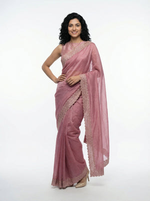 Shimmer Organza Baby Pink Designer Saree with Micro Dot Work and Heavy Embroidered Border