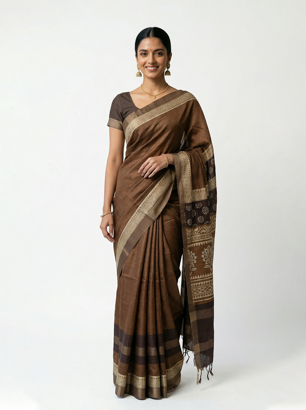 Semi Jute Coffee Brown Traditional Motif Border Saree