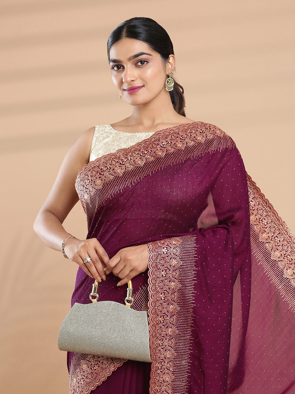 Wine Color Vijithra Silk Saree With Mini Stone Work On Body & Embroidery On Border