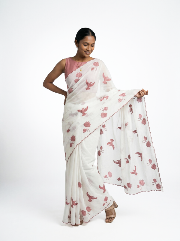 Organza Off White Floral Bird Print Designer Saree with Scalloped Border Detailing