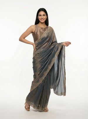 Organza Ash Grey Stone Scalloped  Designer Saree