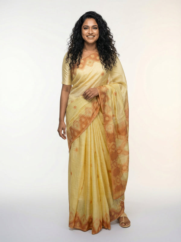 Semi Silk Elegant California Peach Saree with Contemporary Ikat Pattern