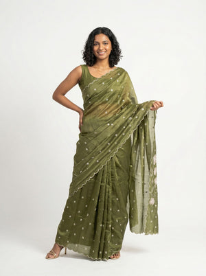Organza Olive Green Floral Butti Designer Saree with Scalloped Embroidered Border