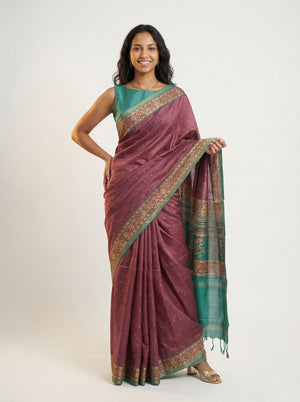 Chanderi Cotton Plum Purple & Teal Green Zari Butta Pattern Saree