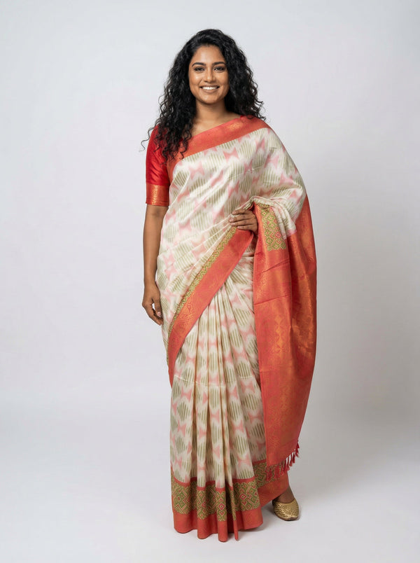 Art Silk Off White Designer  Saree with Woven Butta Peach Blouse Fabric