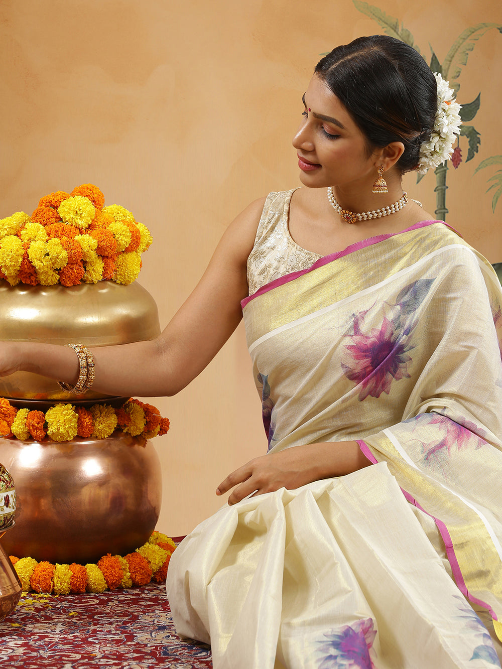 Golden Tissue Set Saree With Magenta Color Digital Floral Prints And Magenta Tassels