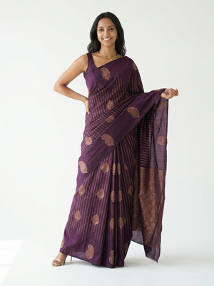 Semi Silk Deep Purple & Gold Striped Zari Pattern Saree