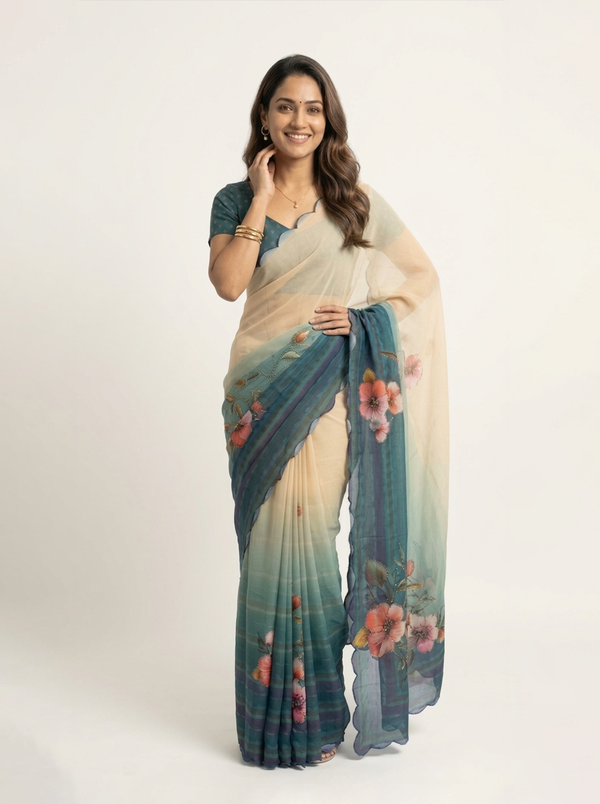 Chiffon Cream Teal Ombre Floral Printed Designer Saree