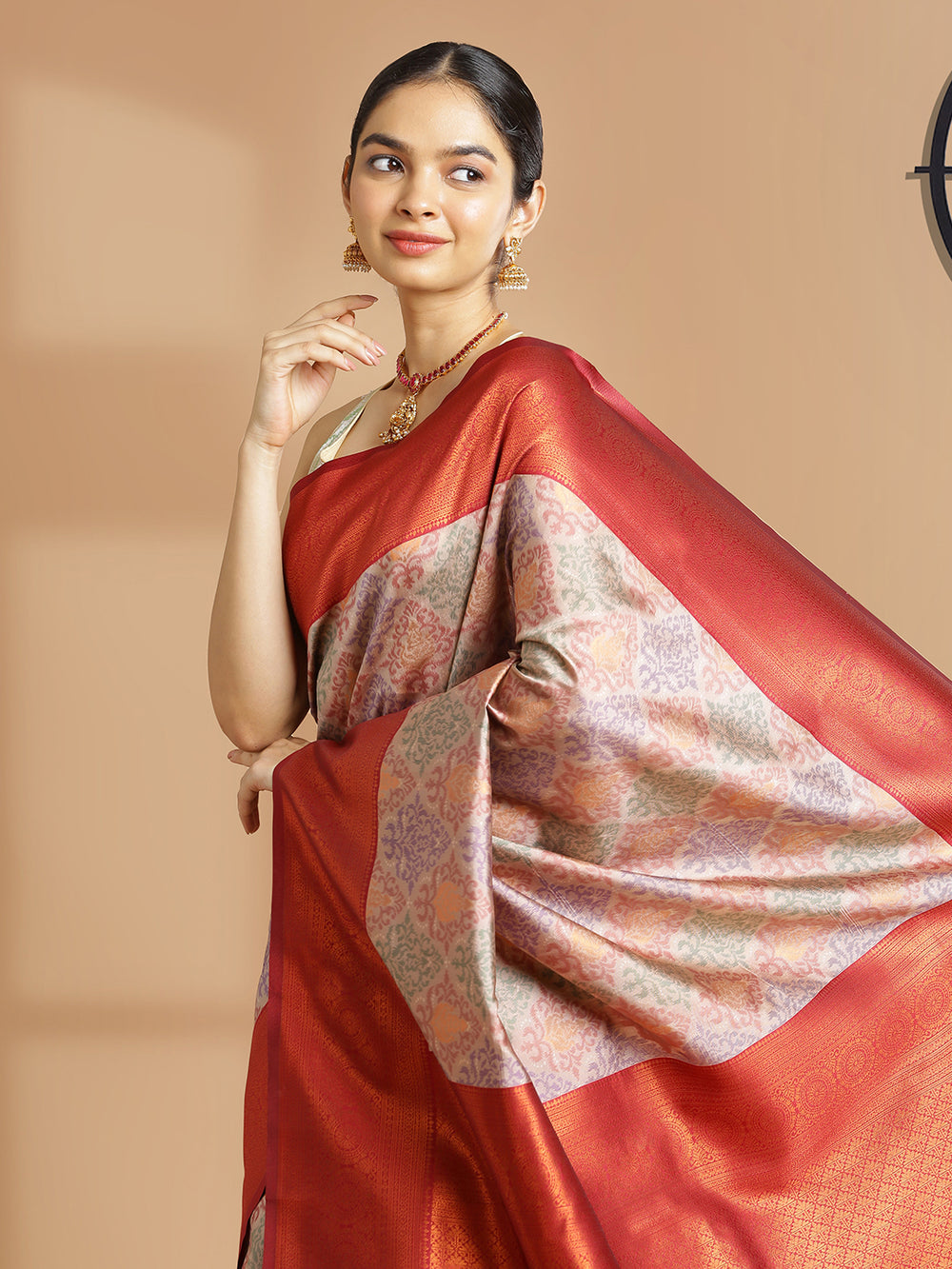Onion Pink Art Silk Saree With Ikat Design Over Body And Maroon Border
