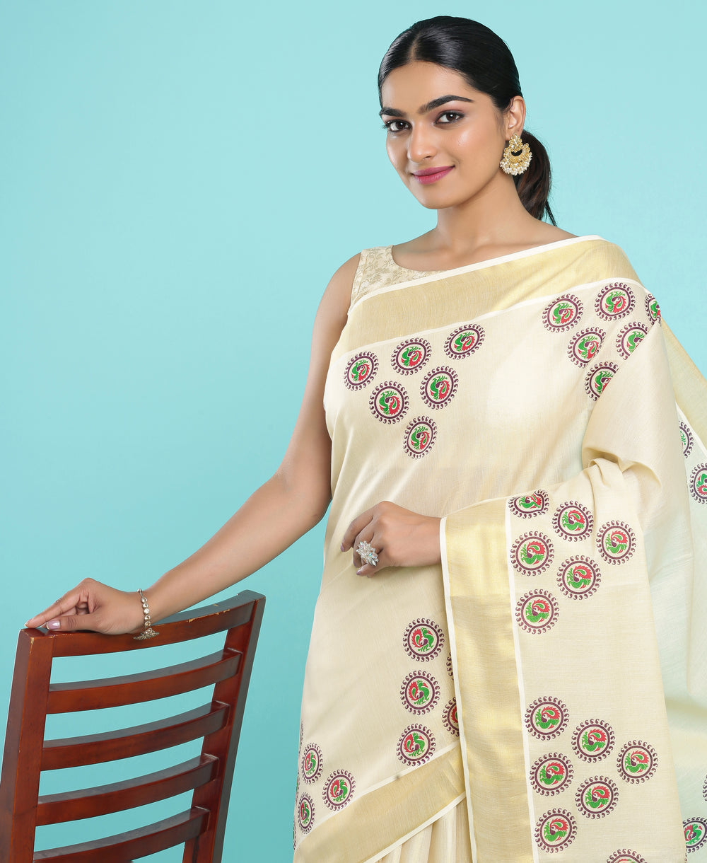 Kerala Tissue Block Print Set Saree