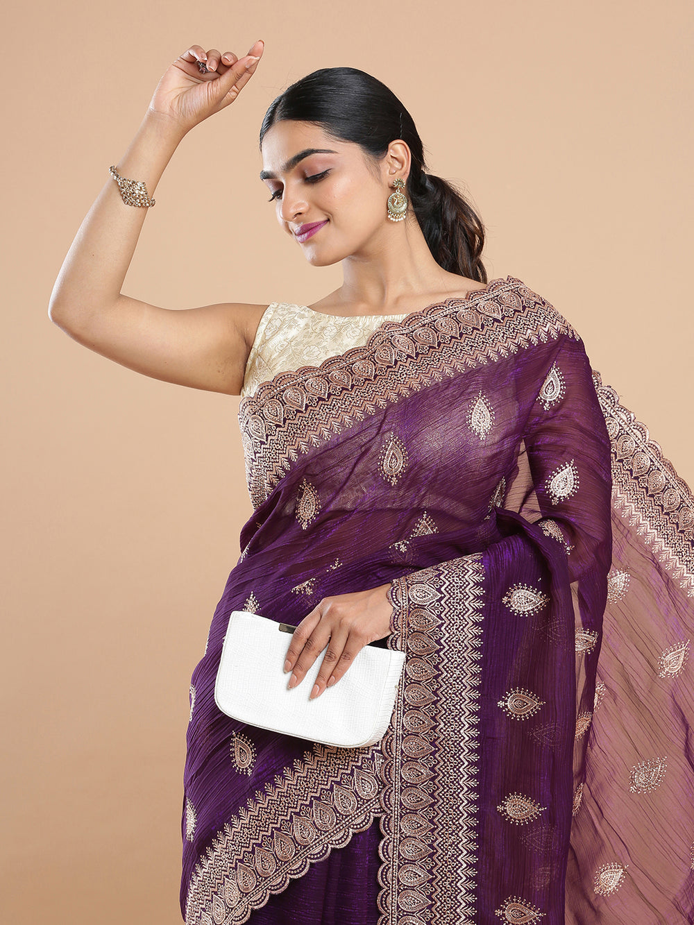 Wine With Purple Shade Crush Organza Saree With Embroidery On Body