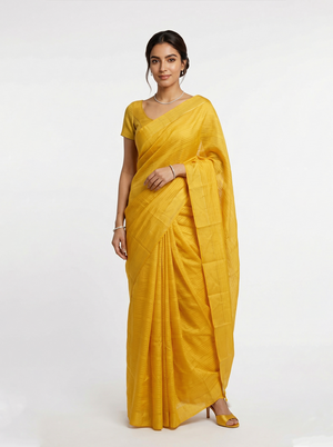 Semi Silk Bright Yellow Self Stripe Saree