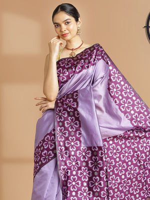 Lavener Color Art Silk Plain Saree With Purple Floral Printed Border And Pallu
