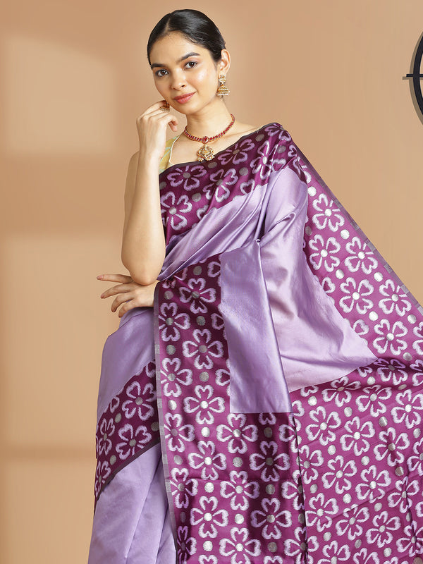 Lavener Color Art Silk Plain Saree With Purple Floral Printed Border And Pallu