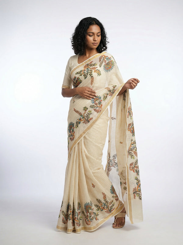 Cotton Cream Saree with Multicolor Floral Vine Print