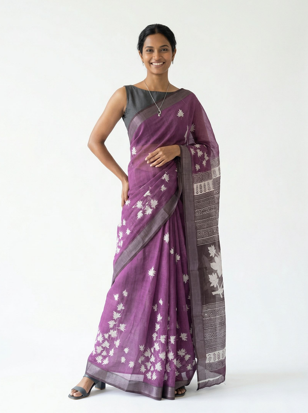Chanderi Cotton Purple Floral Printed Pattern Saree