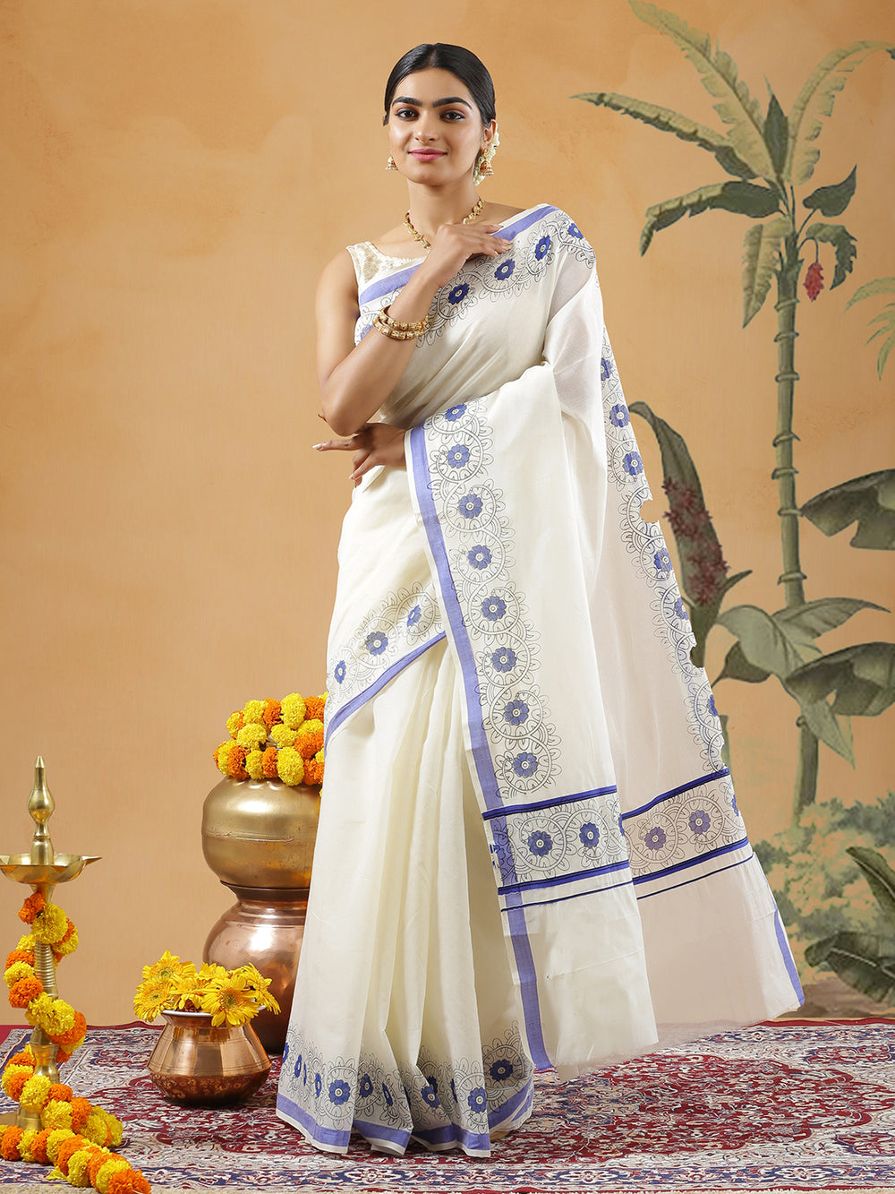 Off White Color Cotton Set Saree With Blue Color Floral Printed Border