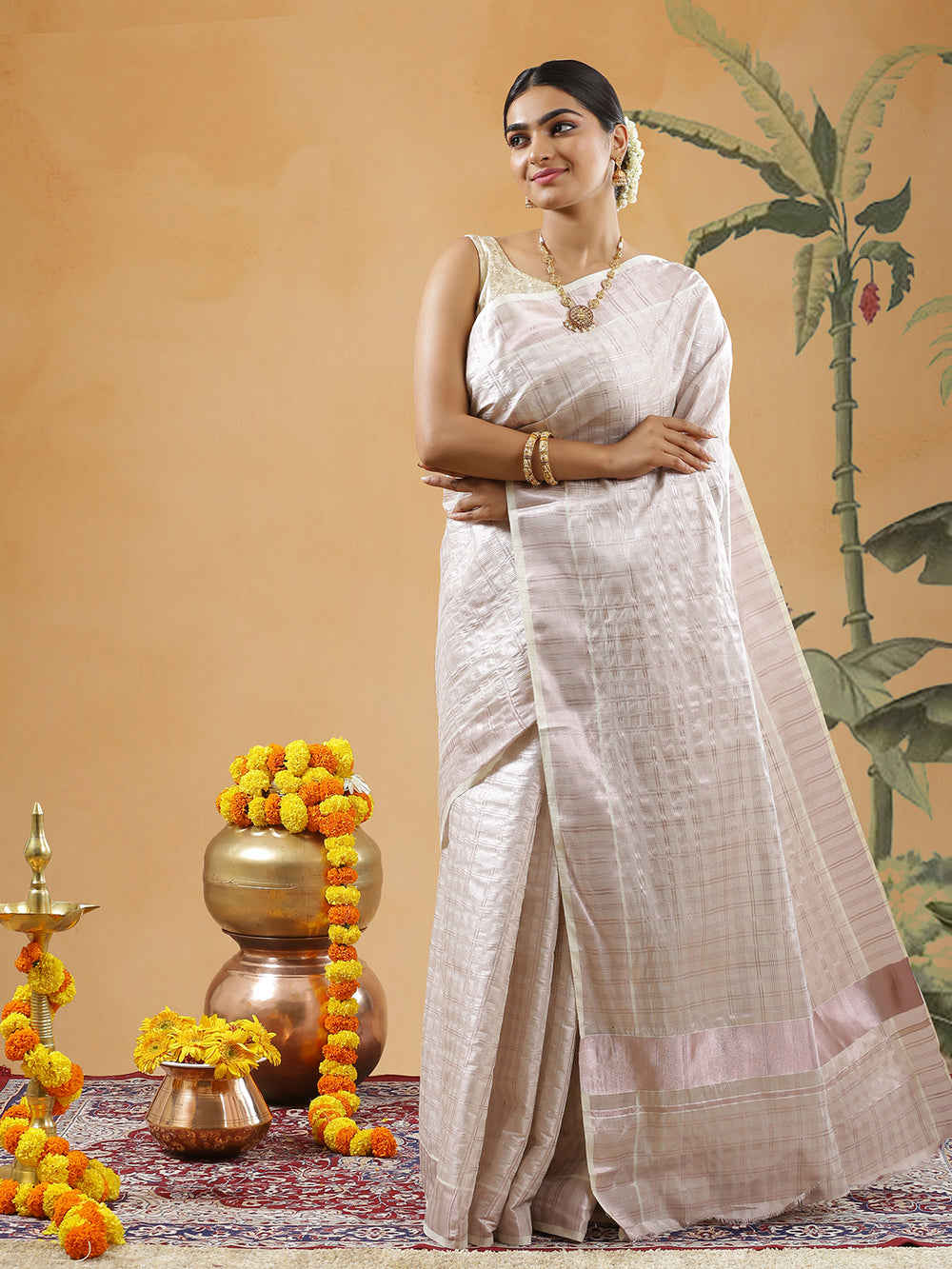 Rose Gold Tissue Set Saree With Multi Lined Check Design And Rose Gold Striped Kasavu Border