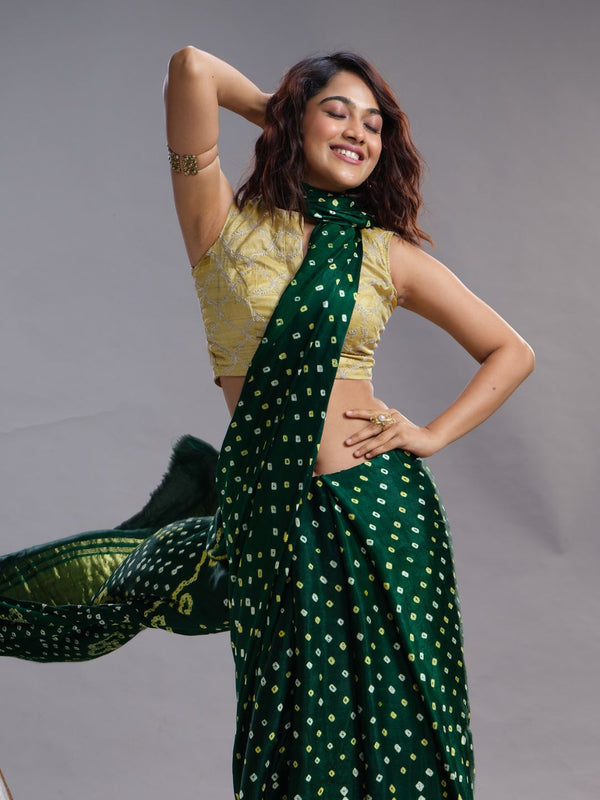Green Ethnic Wear Satin Modal Saree