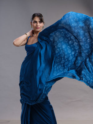 Peacock Blue Plain Body & Bathic Print Ethnic Wear Saree