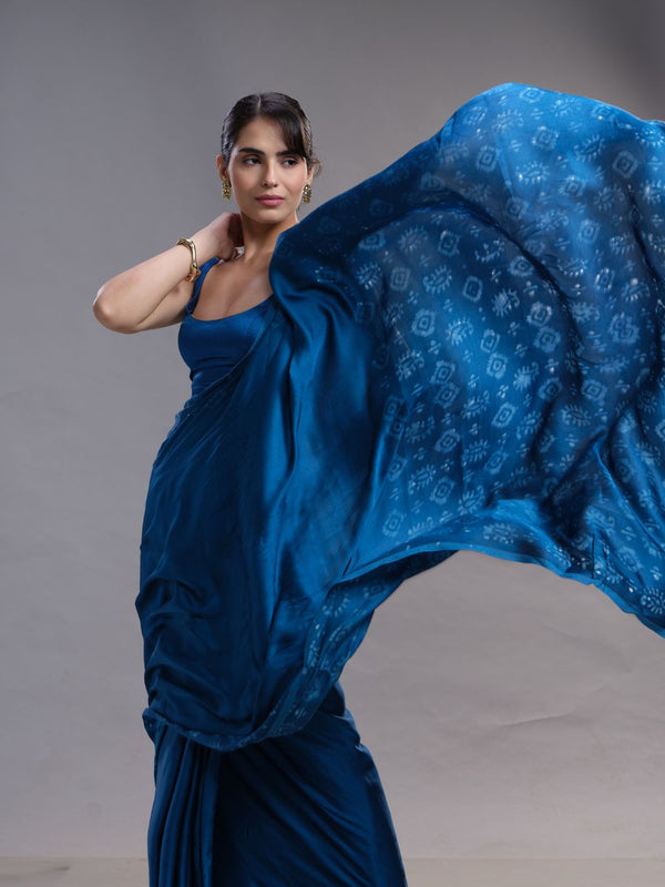 Peacock Blue Plain Body & Bathic Print Ethnic Wear Saree