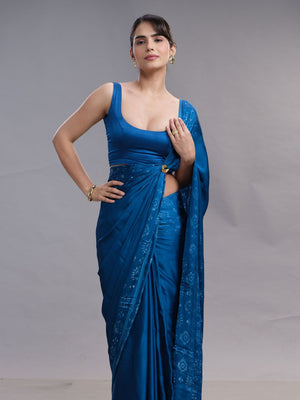 Peacock Blue Plain Body & Bathic Print Ethnic Wear Saree